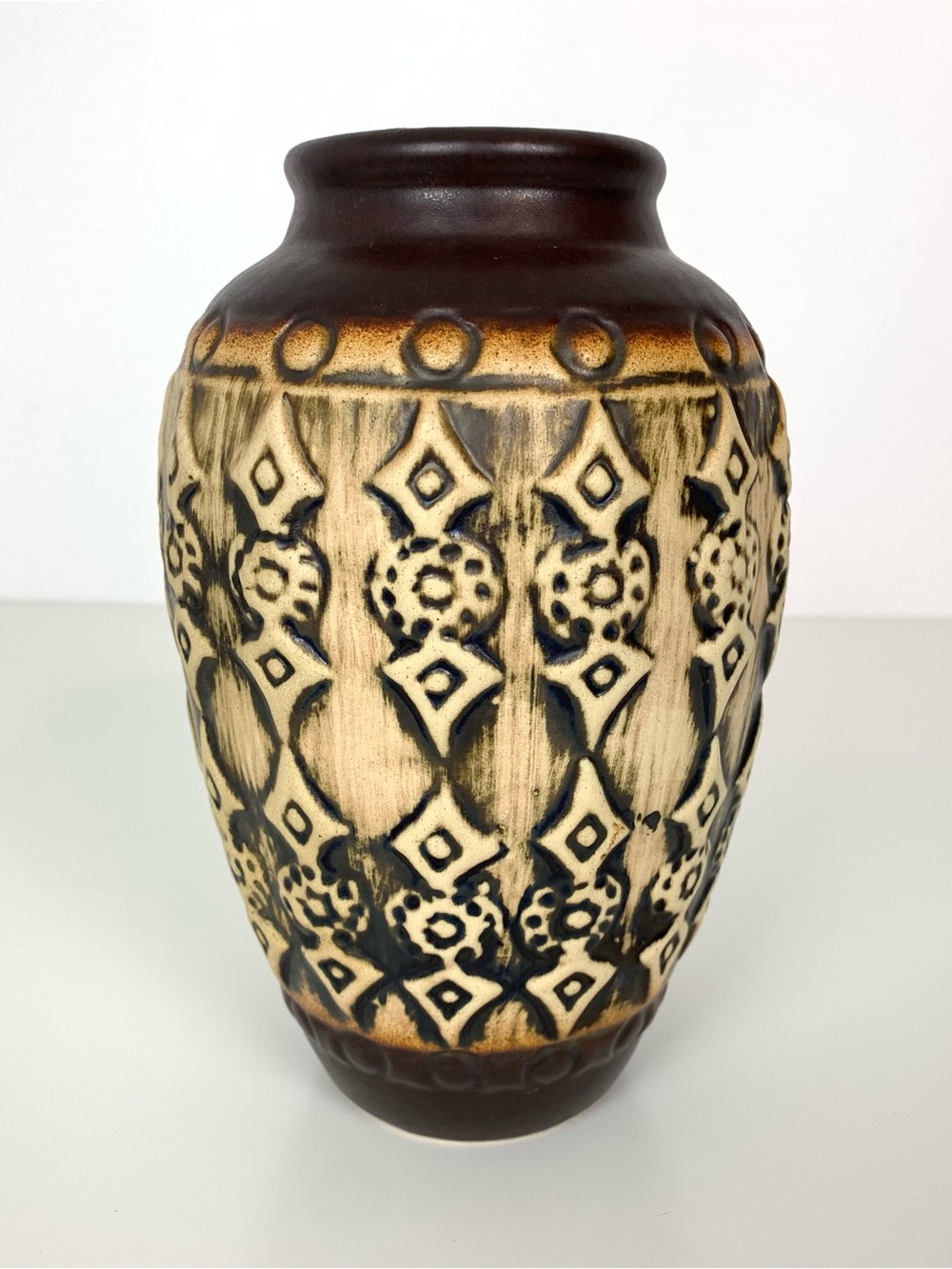 Jasba West Germany Vase Vtg Pottery Brown Beige Textured MCM Decor 8.5” German